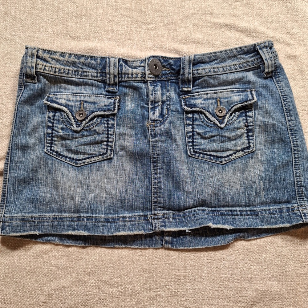 Anchor Blue Vintage Y2K Micro Mini Skirt Denim Patch Pockets Distressed 7/8